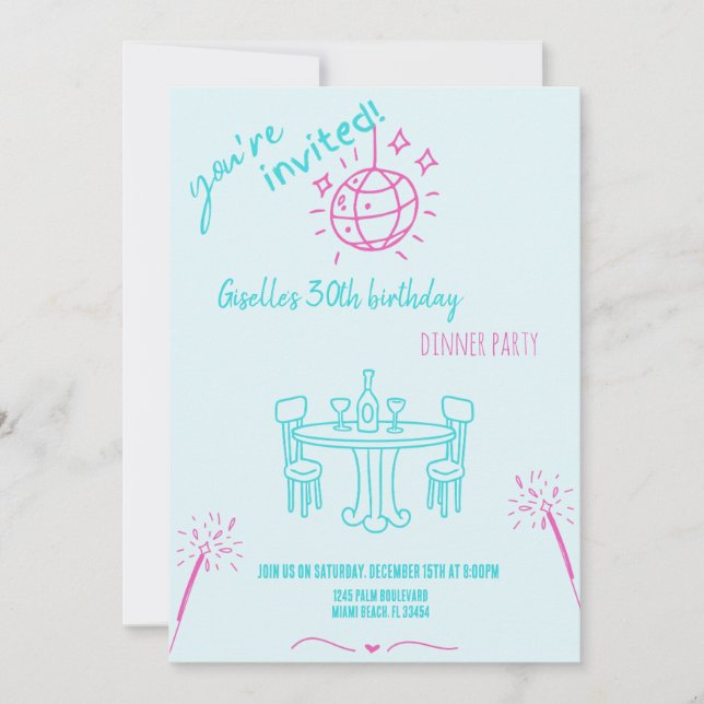 Invitación moderna a mano para cena de cumpleaños (Anverso)