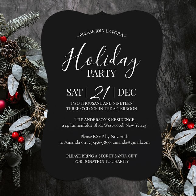 Invitación moderna a un partido de Navidades blanc (Modern Holiday party invitation black and white simple)