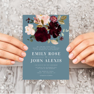 Invitación moderna a una boda azul polvorienta y b