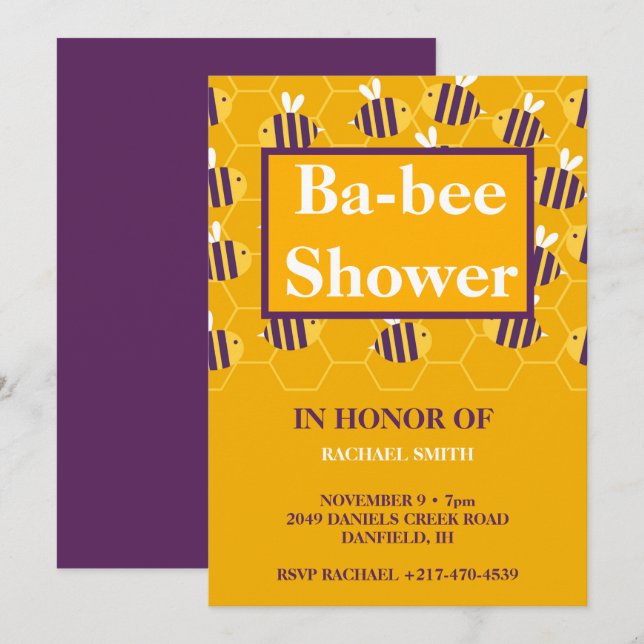 Invitación Moderna abeja de abeja amarilla de abeja de bebé d (Anverso / Reverso)
