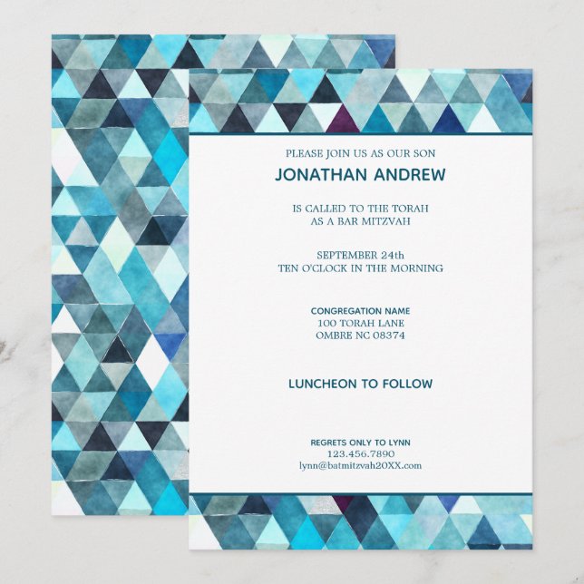 Invitación Moderna acuarela azul Abstract Bar Mitzvah (Anverso / Reverso)