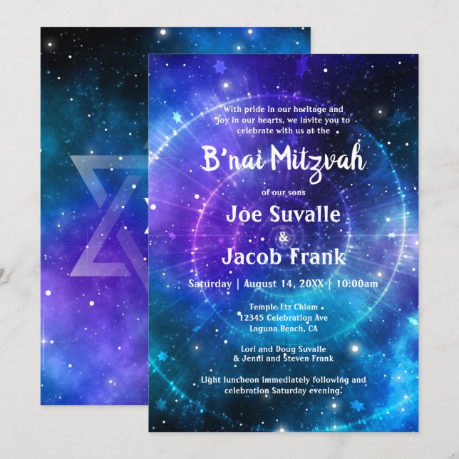 Invitación Moderna acuarela azul púrpura galaxia B'nai Mitzva (Anverso / Reverso)