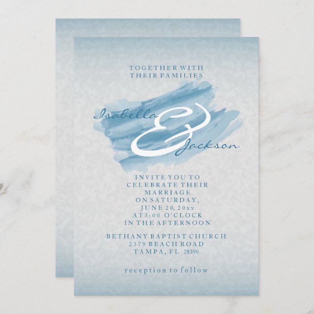 Invitación Moderna acuarela azul Splash Estilo Boda (Anverso / Reverso)