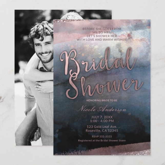 Invitación Moderna acuarela Azul y Rosa de ducha de novia (Anverso / Reverso)