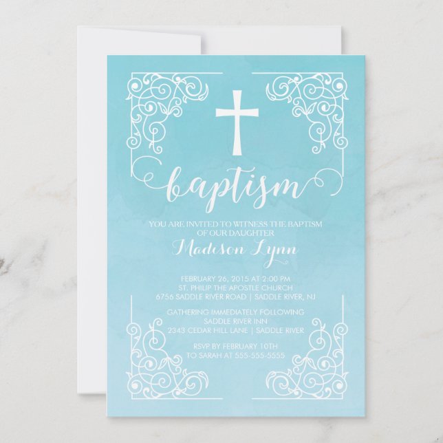 Invitación Moderna acuarela Bautismo Cruz de cristianismo (Anverso)