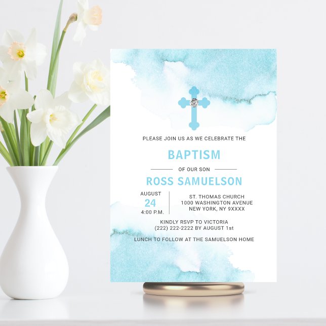 Invitación Moderna acuarela Blue BOY Baptism Christening (Subido por el creador)