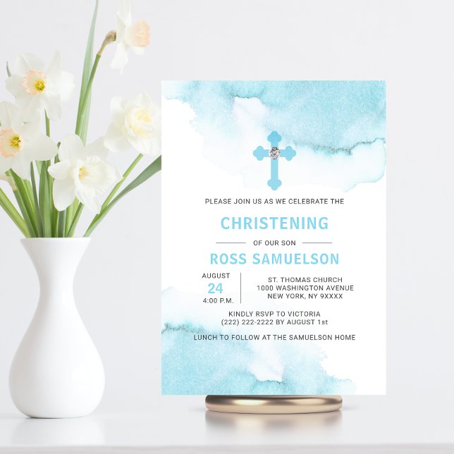 Invitación Moderna acuarela Blue BOY Baptism Christening Inv (Subido por el creador)
