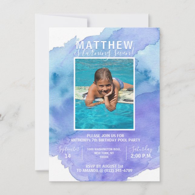 Invitación Moderna acuarela Blue Boy POOL fiesta de cumpleaño (Anverso)