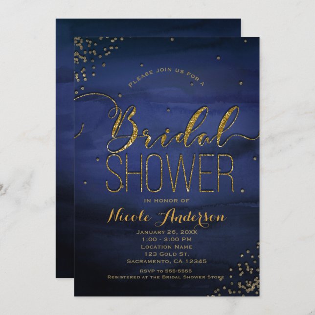 Invitación Moderna acuarela Blue Gold Confetti BRIDAL SHOWER (Anverso / Reverso)