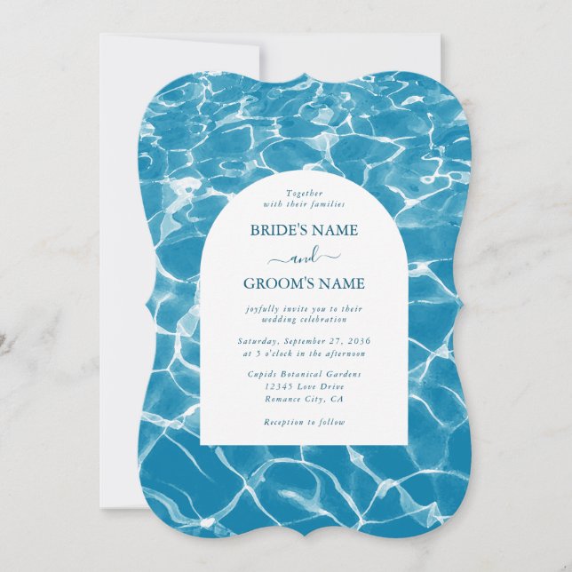 Invitación Moderna acuarela Blue Ocean Beach Wedding (Anverso)