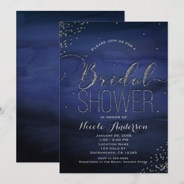 Invitación Moderna acuarela Blue Silver Glam BRIDAL DUCHA (Anverso / Reverso)