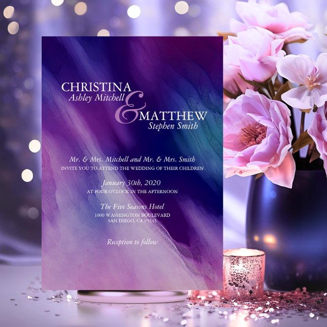 Invitación Moderna acuarela Boda azul de la Marina Púrpura (Modern Watercolor Purple Navy Blue Wedding Invitation)