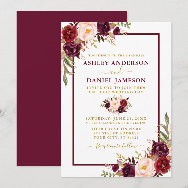 Invitación Moderna acuarela Borgoña Boda floral oro (Anverso / Reverso)
