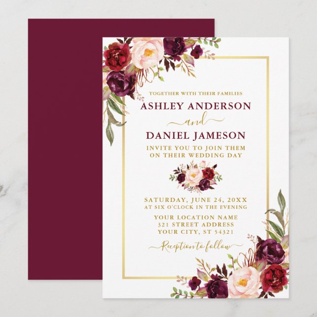 Invitación Moderna acuarela Borgoña Floral Gold Boda (Anverso / Reverso)