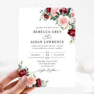 Invitación Moderna acuarela Borgoña Rubor Boda floral