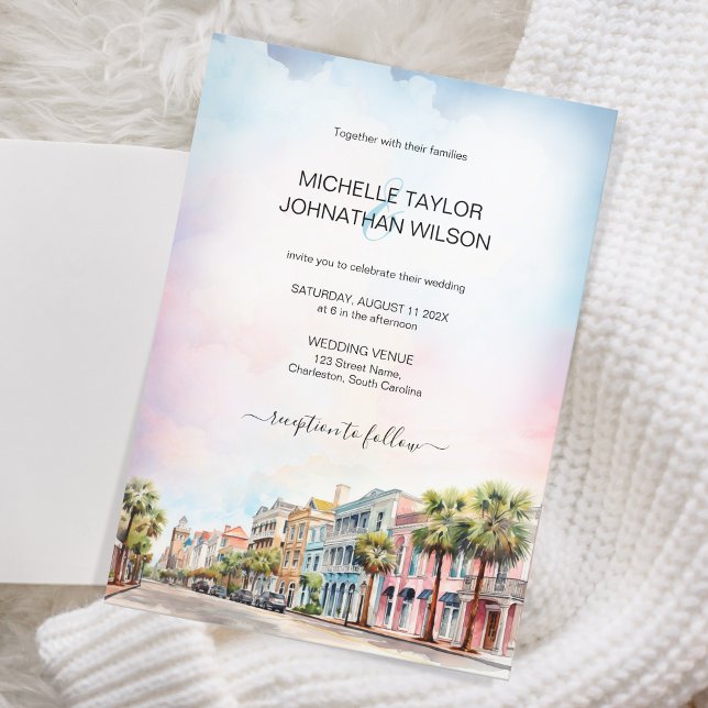 Invitación Moderna acuarela Charleston de boda de destino (charleston pastel watercolor)