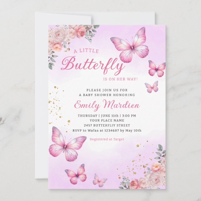 Invitación Moderna acuarela Chica de mariposa rosa Baby Showe (Anverso)