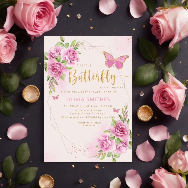 Invitación Moderna acuarela Chica de mariposa rosa Baby Showe (Subido por el creador)