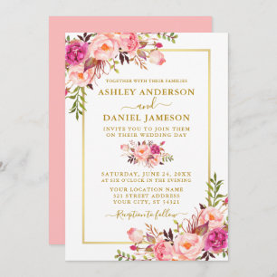 Invitación Moderna acuarela color rosa Rubor Boda floral oro 