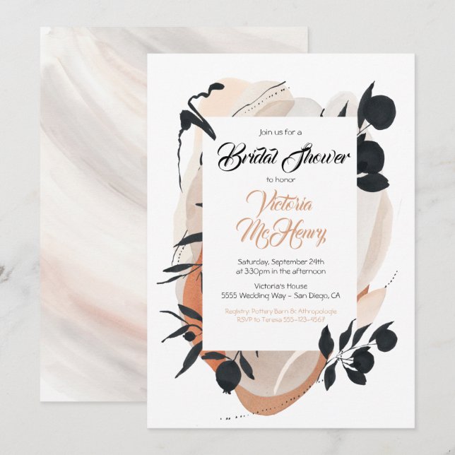 Invitación Moderna acuarela de tinta asiática ducha de novia  (Anverso / Reverso)