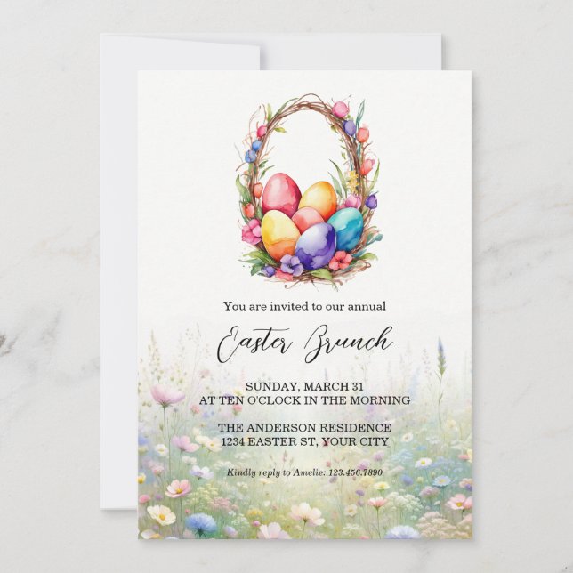 Invitación Moderna acuarela Eggets Basket Easter Brunch (Anverso)