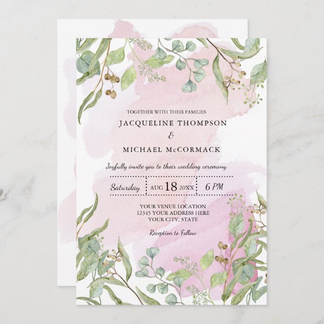 Invitación Moderna acuarela Eucalyptus Greenery Boda (Anverso / Reverso)
