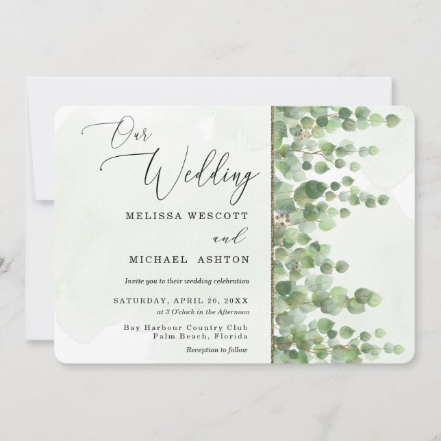 Invitación Moderna acuarela Eucalyptus Greenery Boda (Anverso)