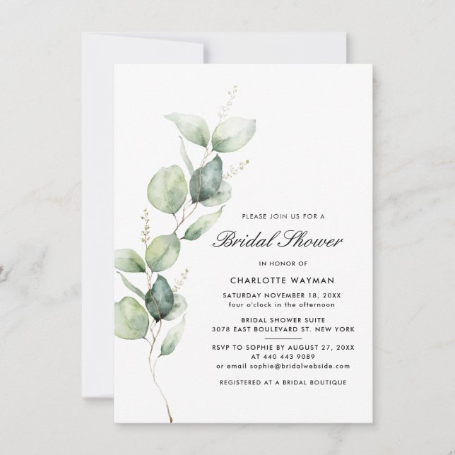 Invitación Moderna acuarela Eucalyptus Script Ducha nupcial (Anverso)