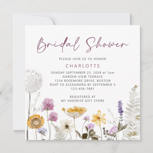 Invitación Moderna acuarela Flor silvestre ducha de novia (Anverso)