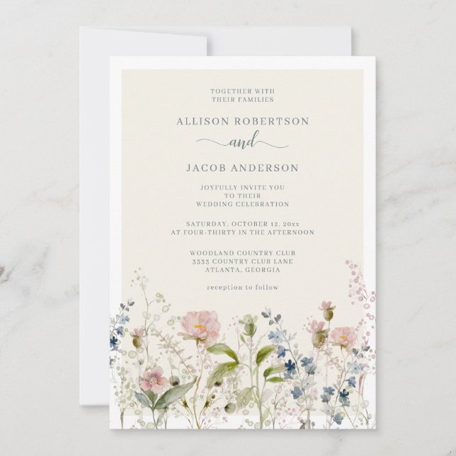Invitación Moderna acuarela Flor silvestre Floral Azul Boda (Anverso)