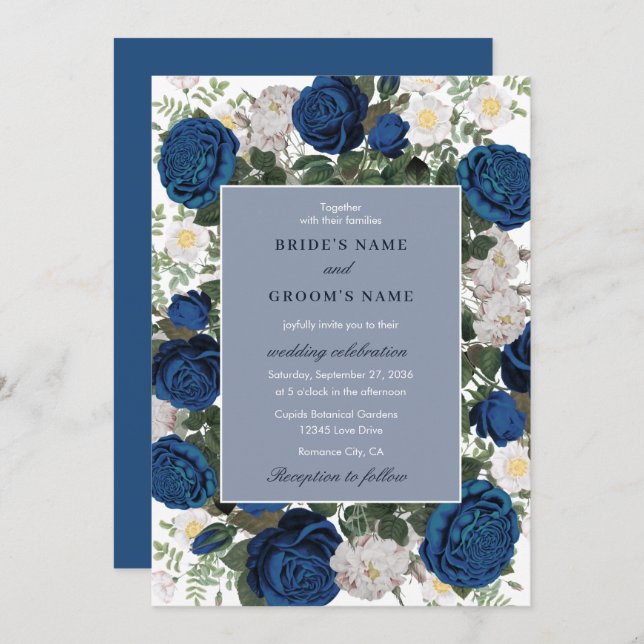 Invitación Moderna acuarela floral azul elegante matrimonio (Anverso / Reverso)