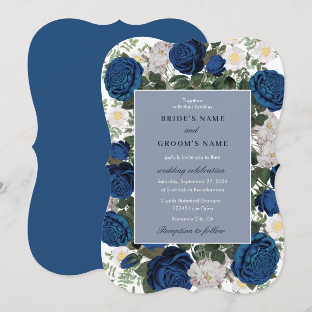 Invitación Moderna acuarela floral azul elegante matrimonio (Anverso / Reverso)