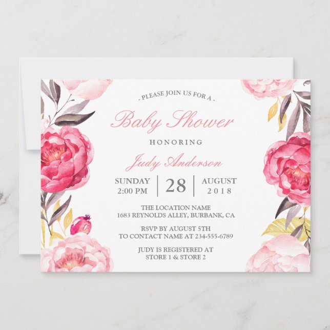 Invitación Moderna acuarela Floral Baby Shower botánico (Anverso)