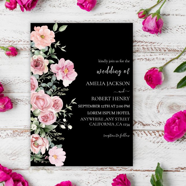 Invitación Moderna acuarela floral Boda negro y rosa (Subido por el creador)