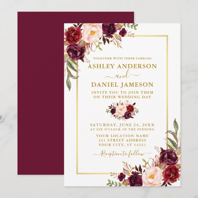 Invitación Moderna acuarela Floral Borgoña Boda Gold (Anverso / Reverso)