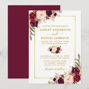 Invitación Moderna acuarela Floral Borgoña Boda Gold