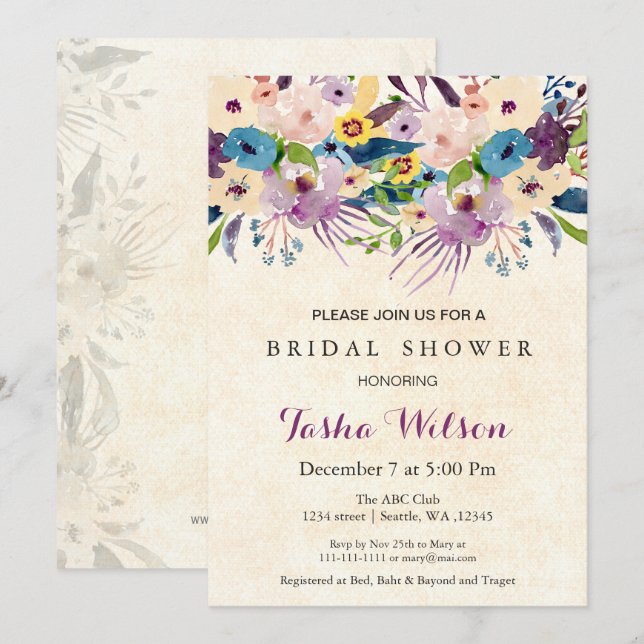 Invitación moderna acuarela floral Bridal Shower Invite (Anverso / Reverso)