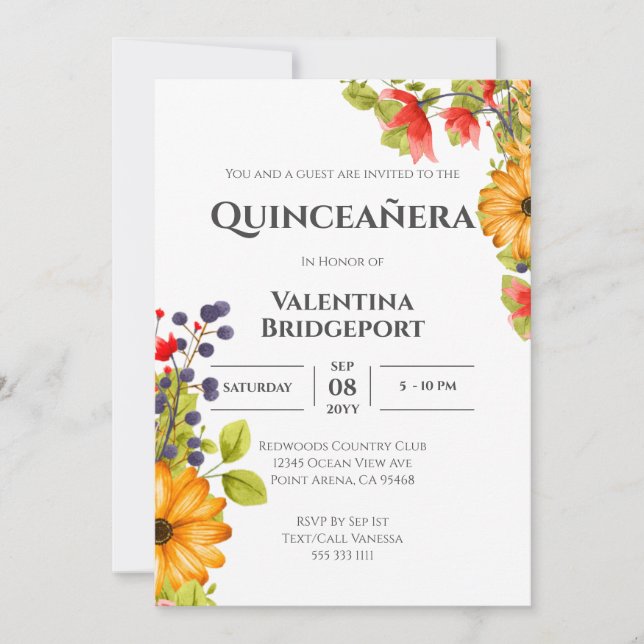 Invitación Moderna acuarela floral brillante Quinceañera (Anverso)