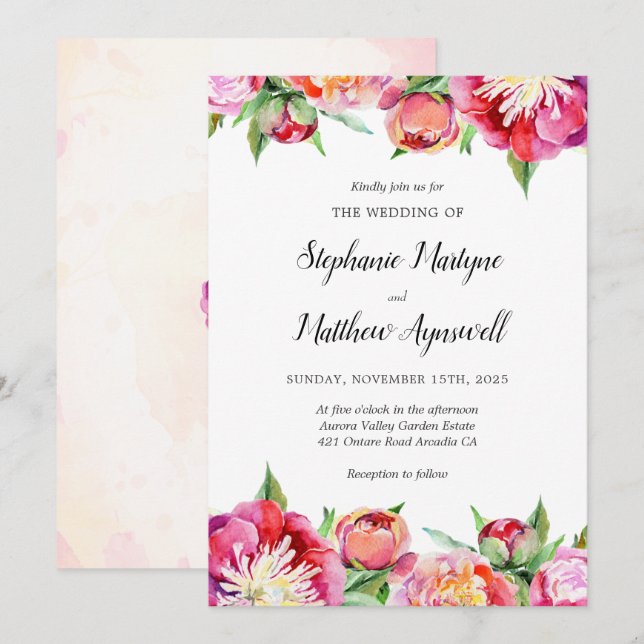 Invitación Moderna acuarela floral Coral Peony Boda (Anverso / Reverso)