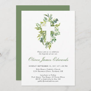 Invitación Moderna acuarela Floral Cross Sage Green Baptism