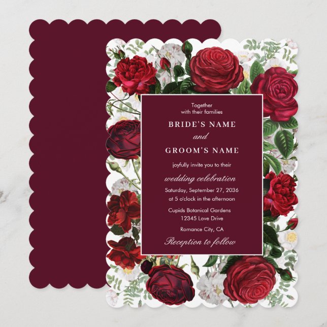 Invitación Moderna acuarela floral de Borgoña Elegante Boda (Anverso / Reverso)