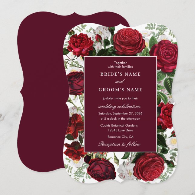 Invitación Moderna acuarela floral de Borgoña Elegante Boda (Anverso / Reverso)