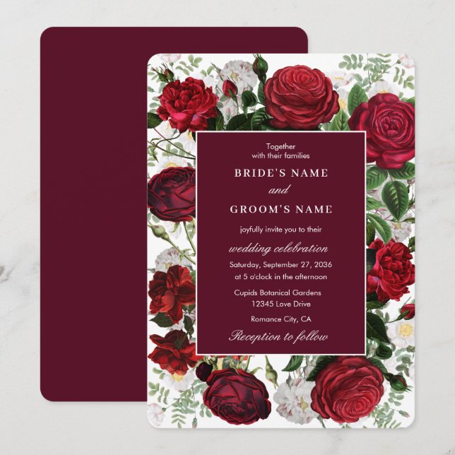 Invitación Moderna acuarela floral de Borgoña Elegante Boda (Anverso / Reverso)