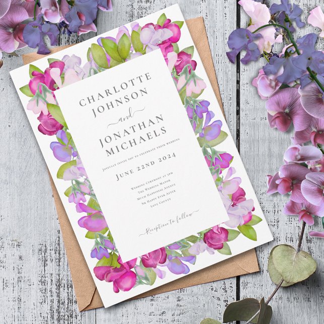 Invitación Moderna acuarela floral elegante matrimonio (Elegant floral pink purple wedding invitation watercolor garden sweetpea)