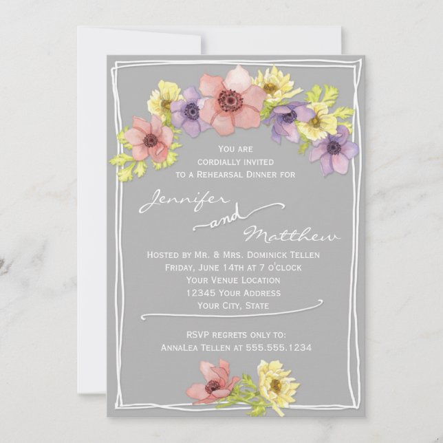 Invitación Moderna acuarela Floral Gris Ensayo Cena (Anverso)