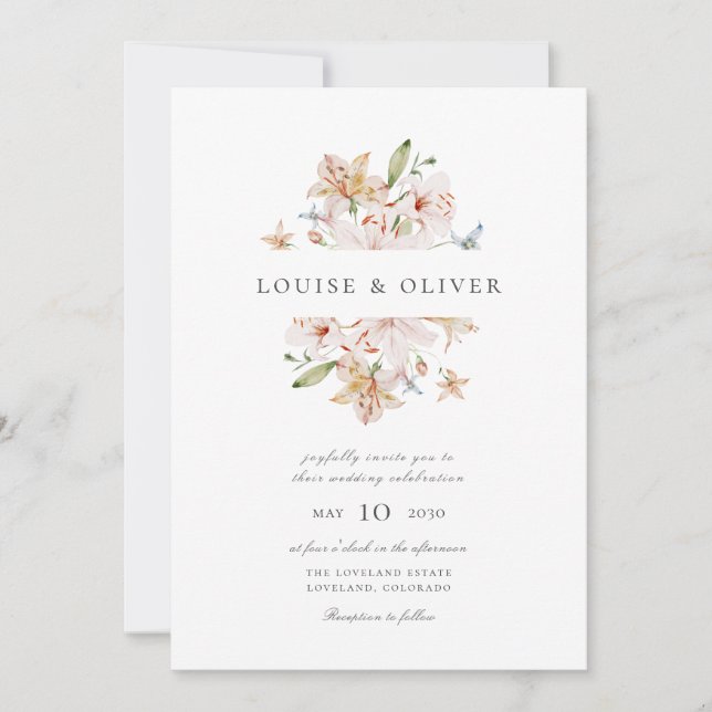 Invitación Moderna acuarela Floral Lilies Boda (Anverso)