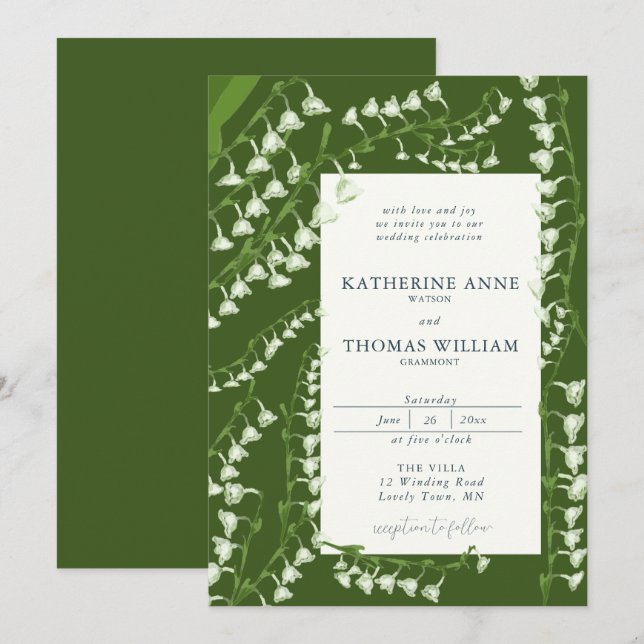 Invitación Moderna acuarela Floral Lily Valley Boda Verde (Anverso / Reverso)
