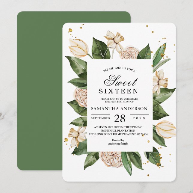 Invitación Moderna acuarela Floral Marco verde y amarillo (Anverso / Reverso)