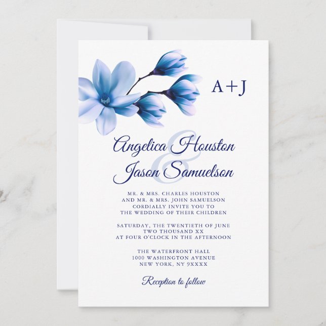 Invitación Moderna acuarela Floral Marina Azul Boda blanco (Anverso)