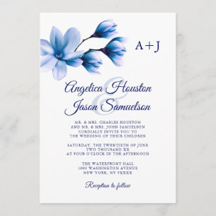 Invitación Moderna acuarela Floral Marina Azul Boda blanco